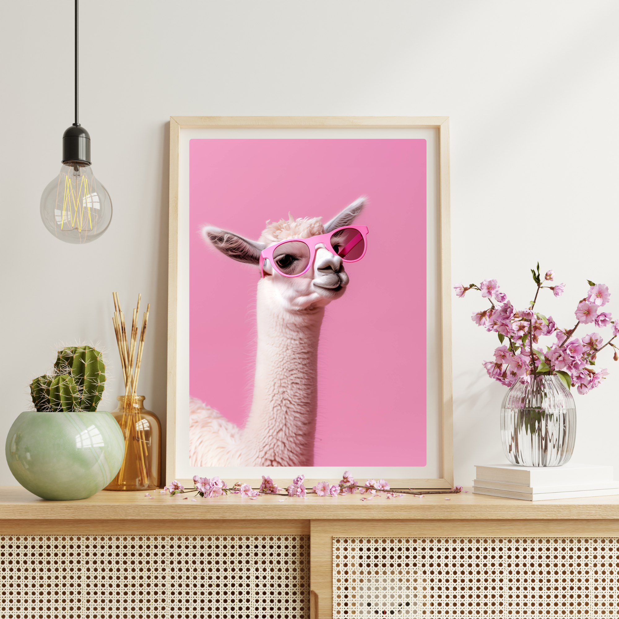 a llama wearing pink sunglasses against a pink background
