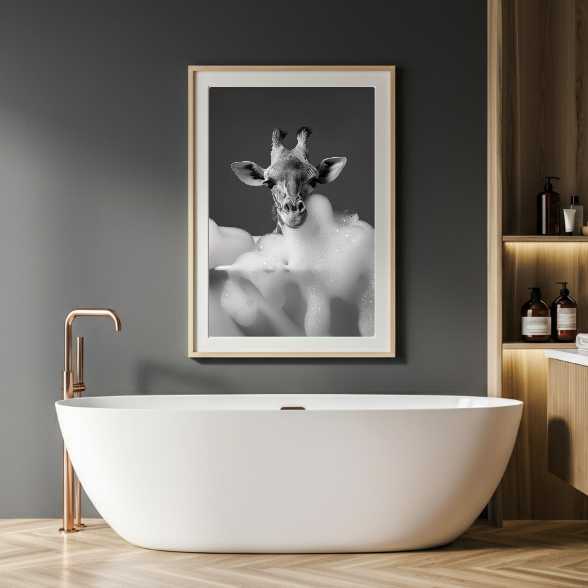 photo in black and white of a giraffe in the bathtub