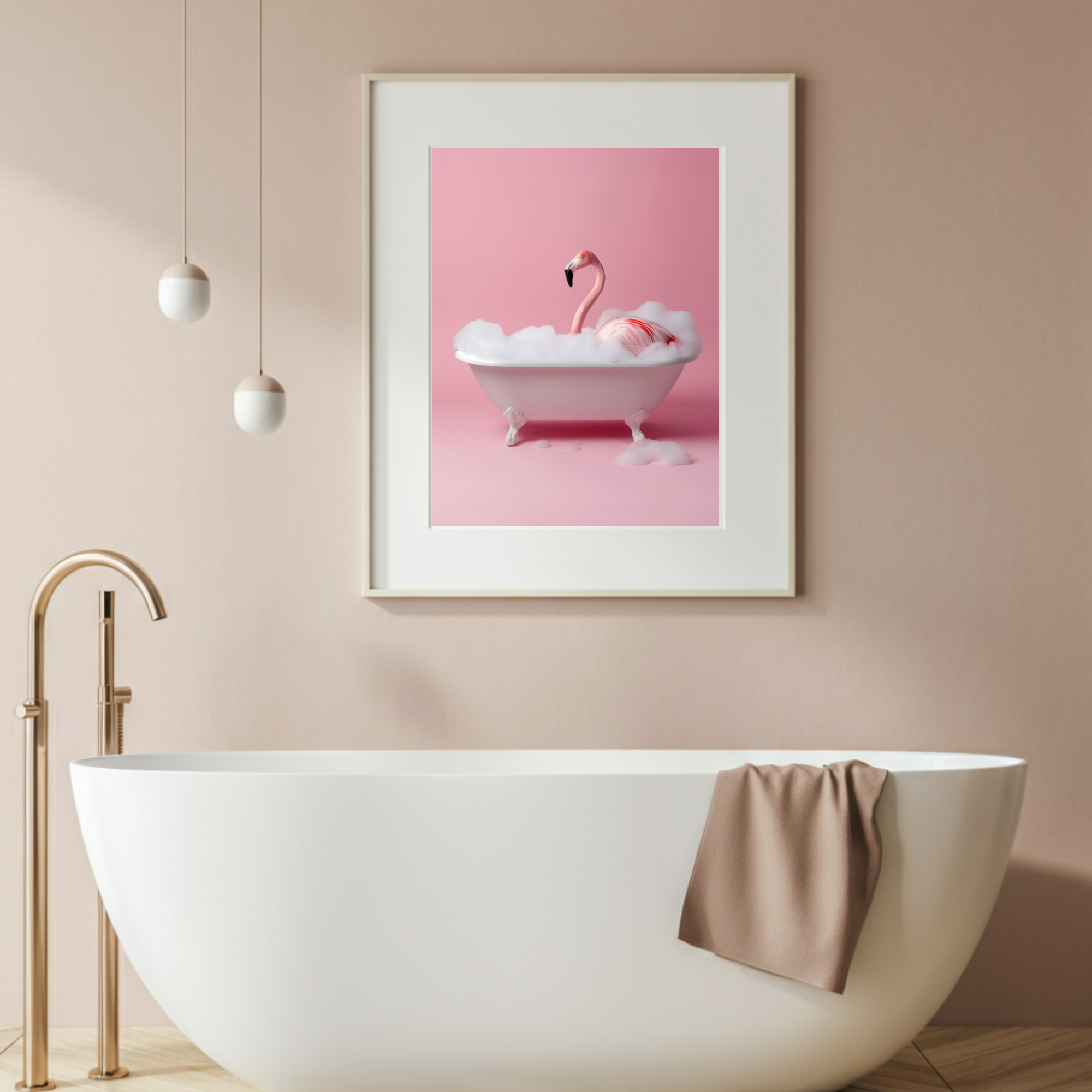 a photo of a pink flamingo in the bathtub