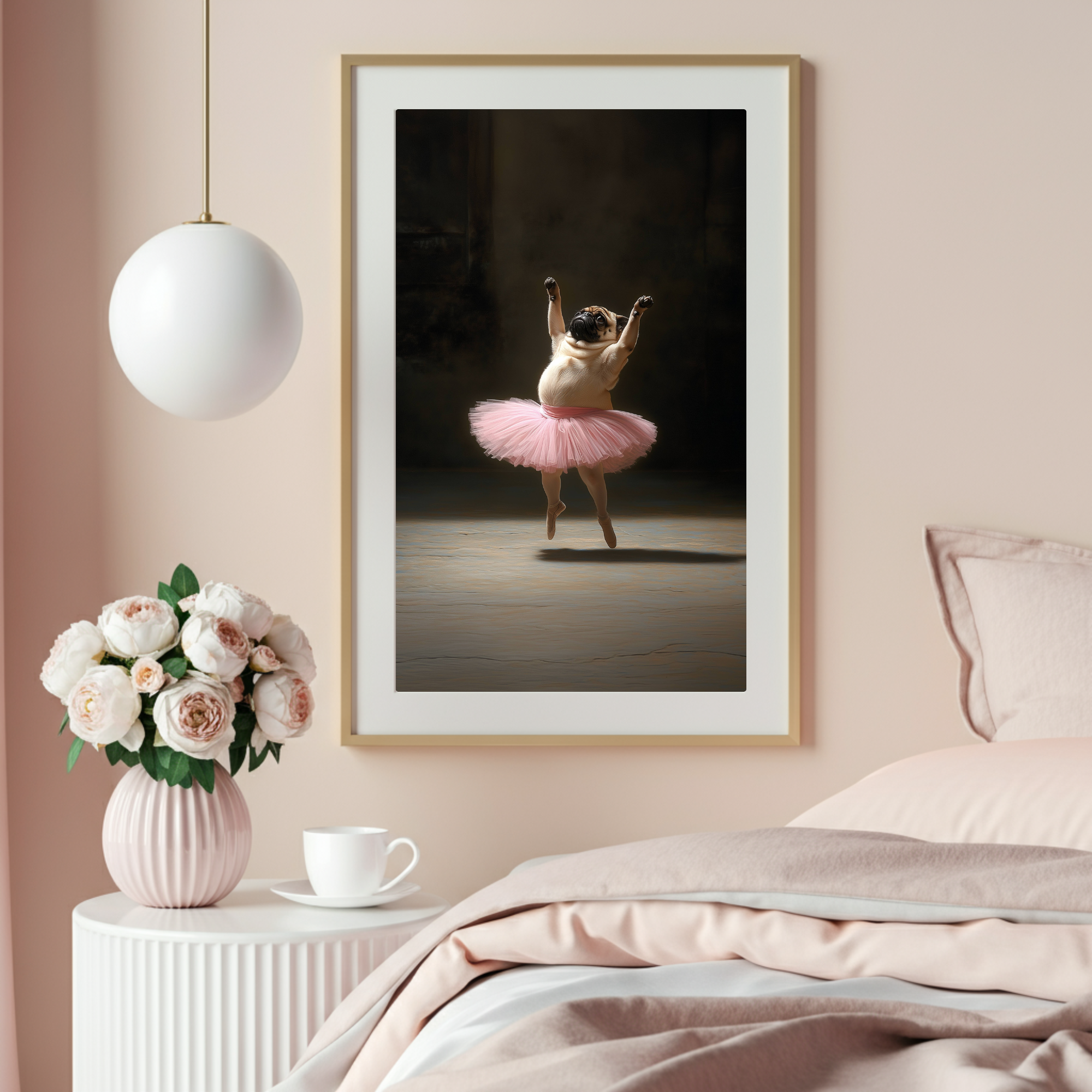 a pug in pink tutu with a ballet pose