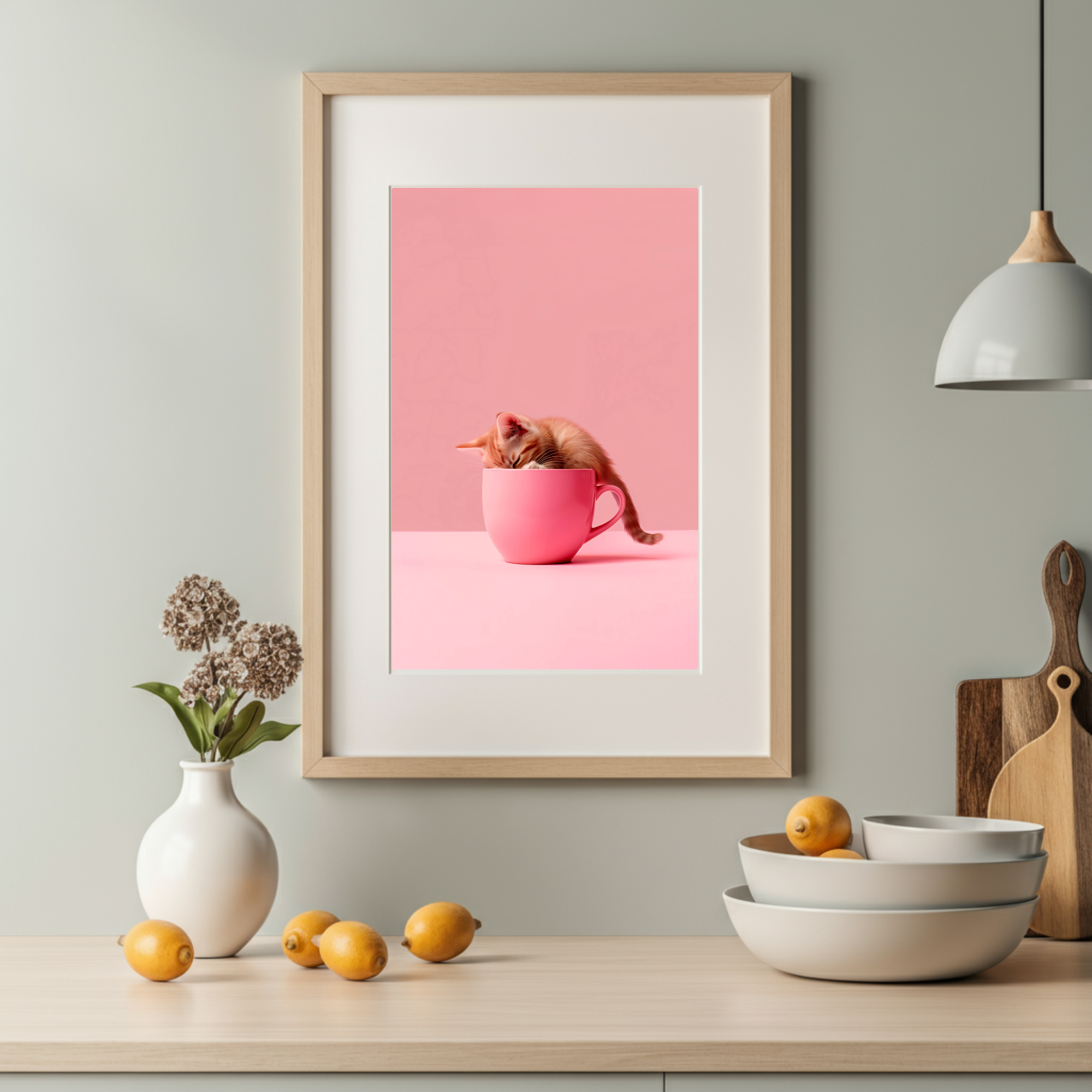 cute cat in coffee cup, animal wall art