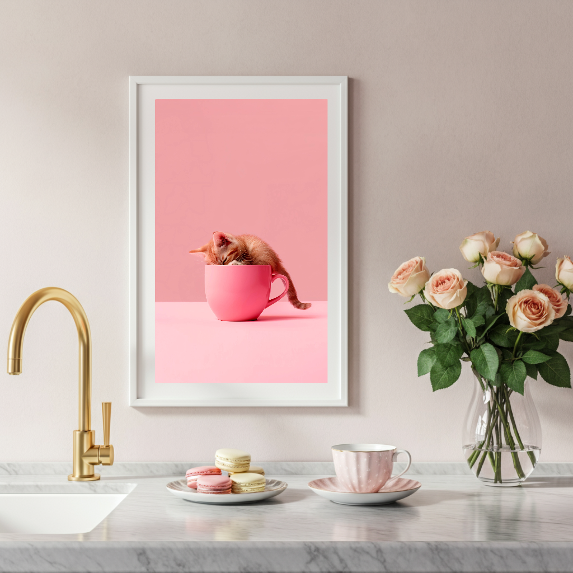cute cat in coffee cup, animal wall art