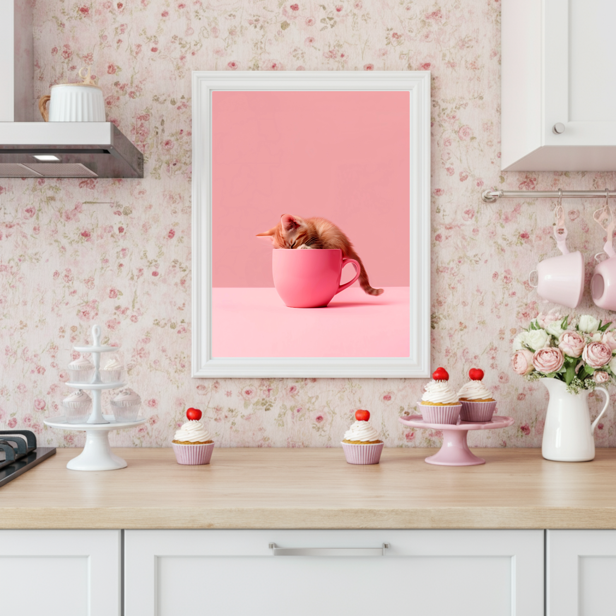 cute cat in coffee cup, animal wall art