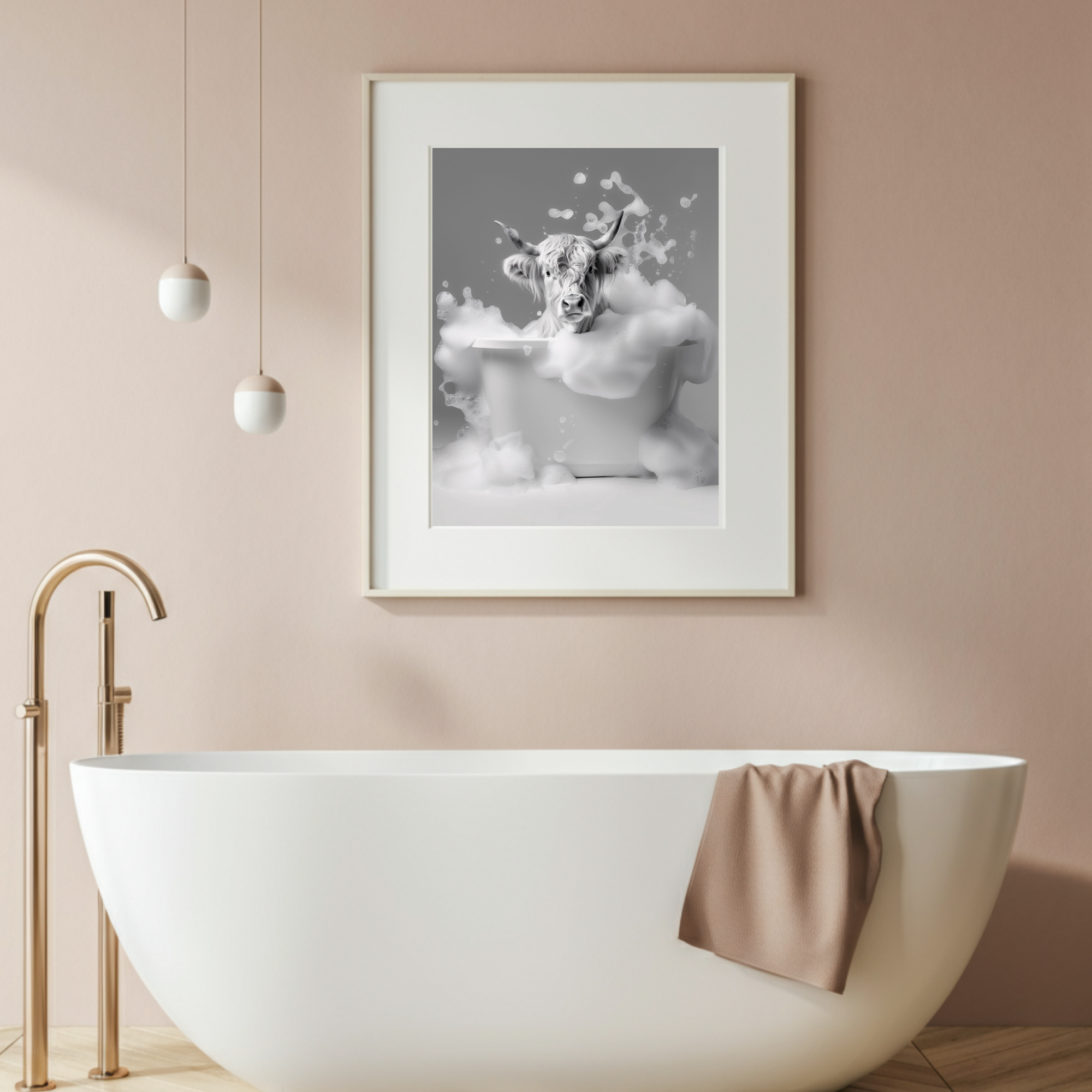 monochrome highland cow bathtub wall decor