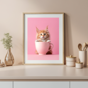 pink cat kitchen wall art with fluffy kitten