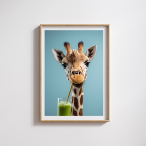 giraffe drinking matcha kitchen wall art