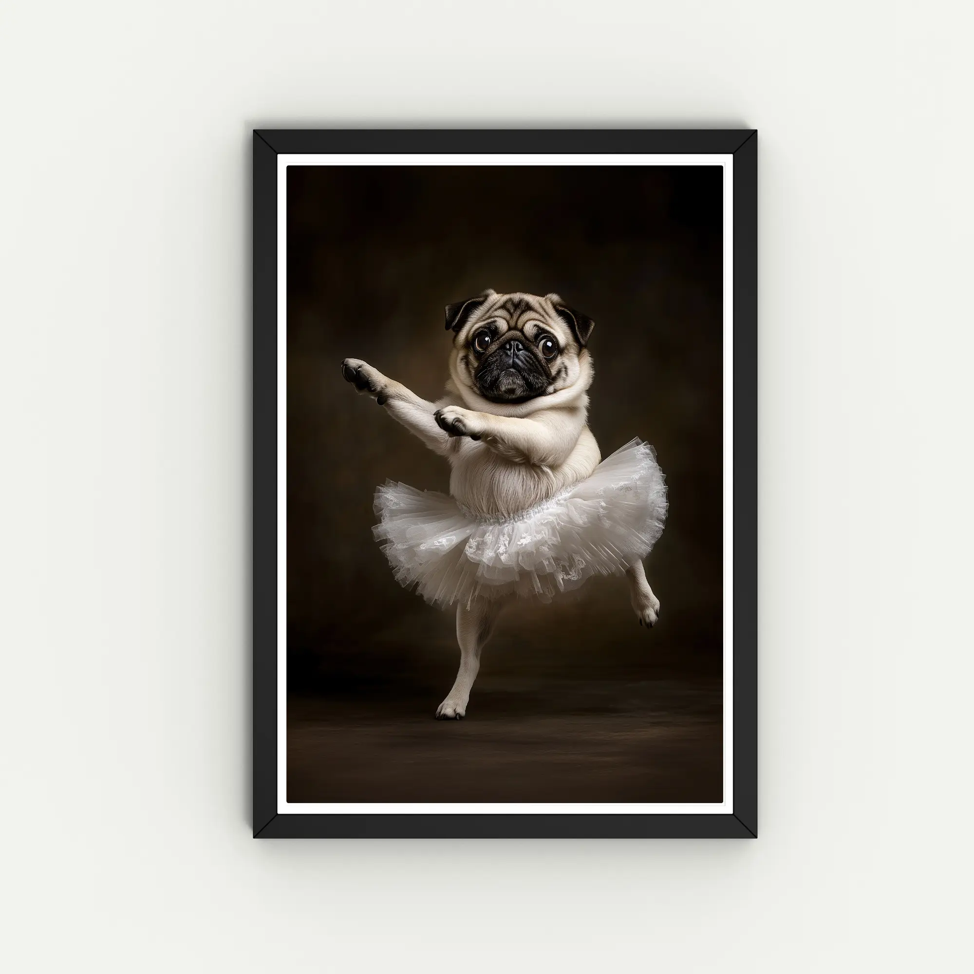 pug dancing ballet, with tutu, funny dog art