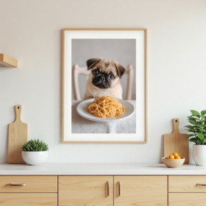 pug eating pasta kitchen wall art