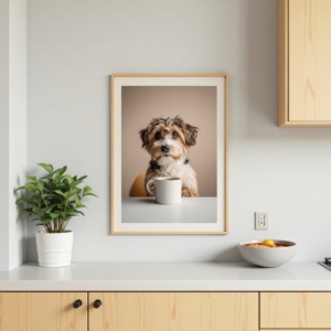 dog drinking coffee wall art kitchen decor