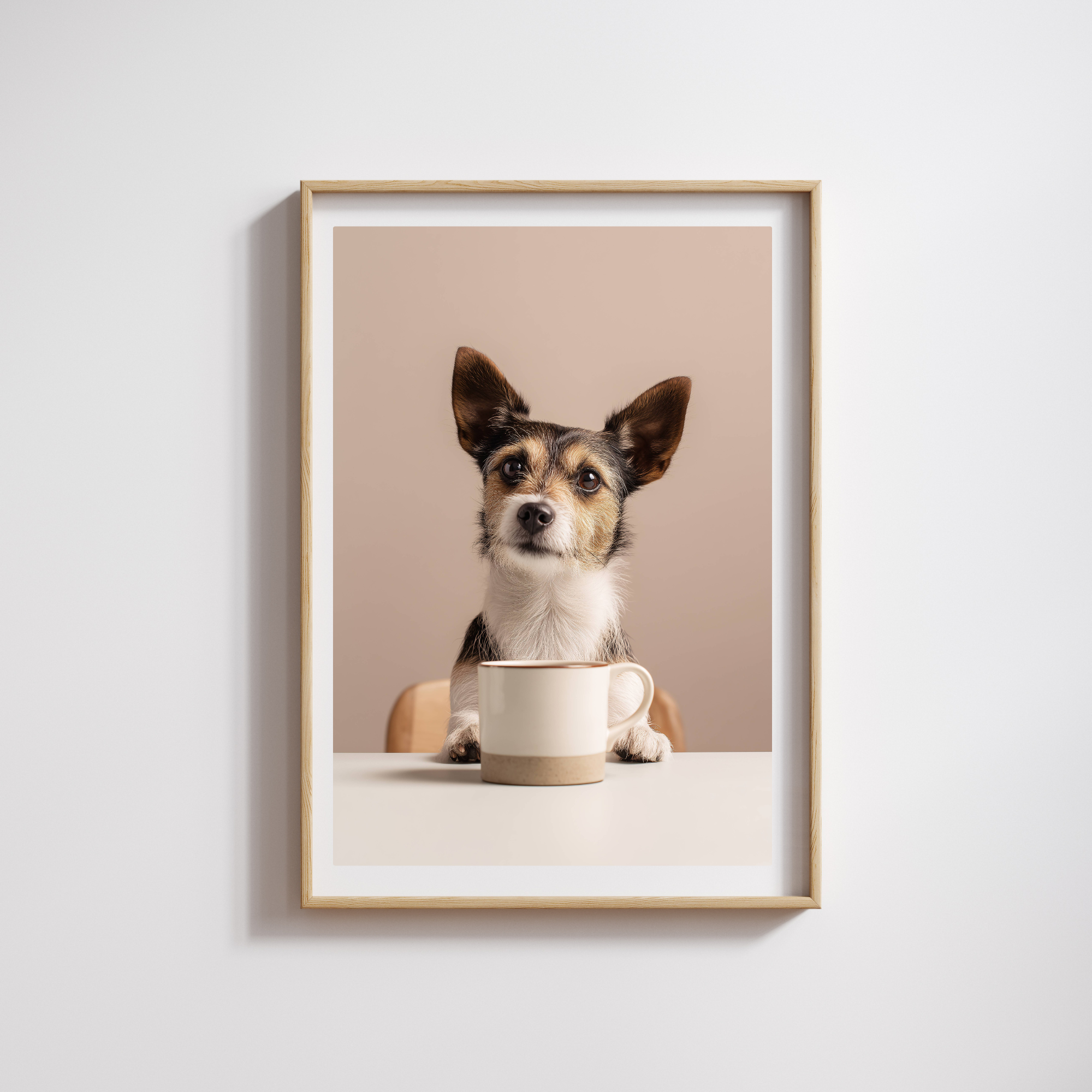 dog with coffee framed wall art