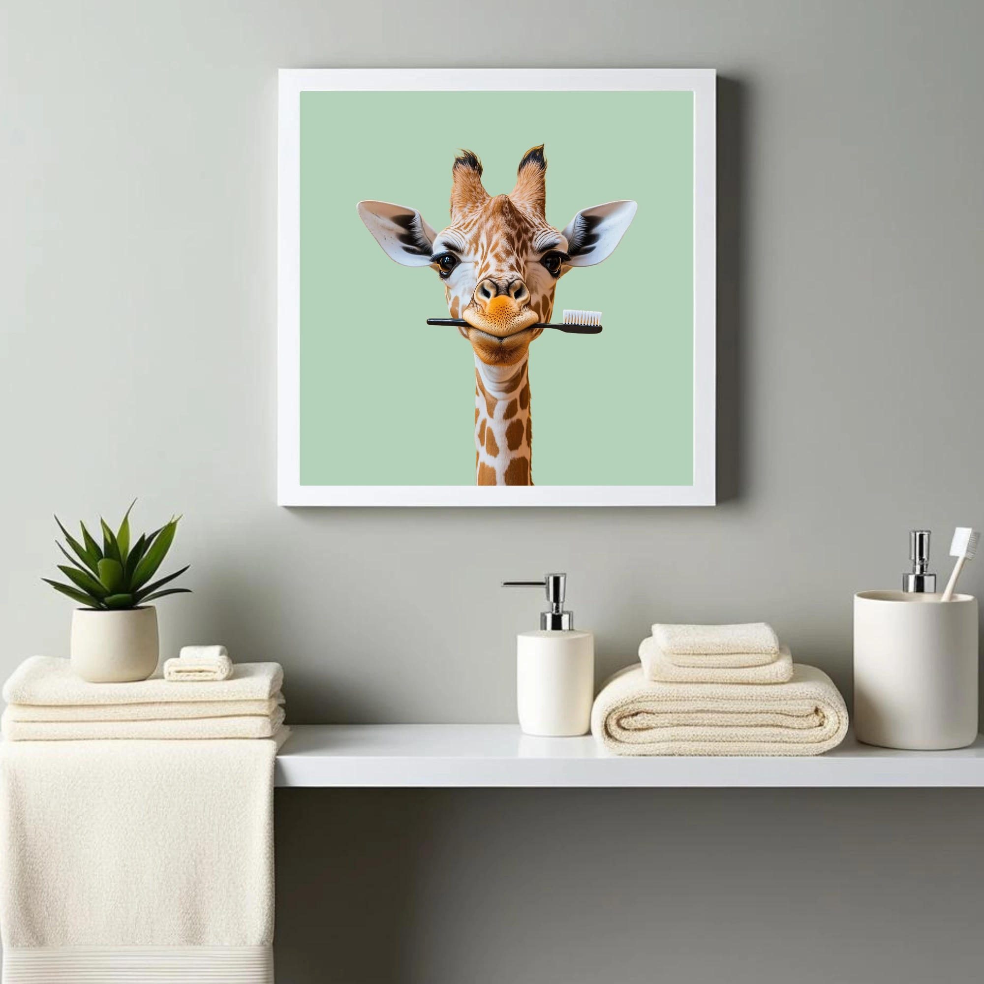 Bathroom animal wall art, funny giraffe with toothbrush