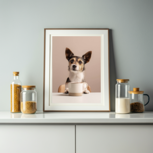 Dog with coffee wall art featuring a cute dog sitting on a chair with a coffee nearby. A fun kitchen print perfect for coffee corners and cozy spaces. Digital download ready to print.