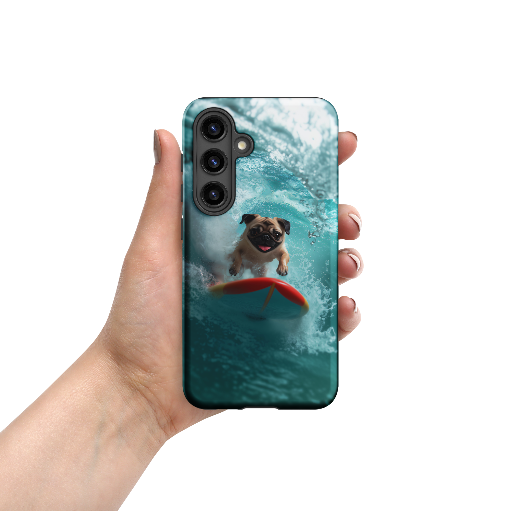 mockup phone case design pug surfing