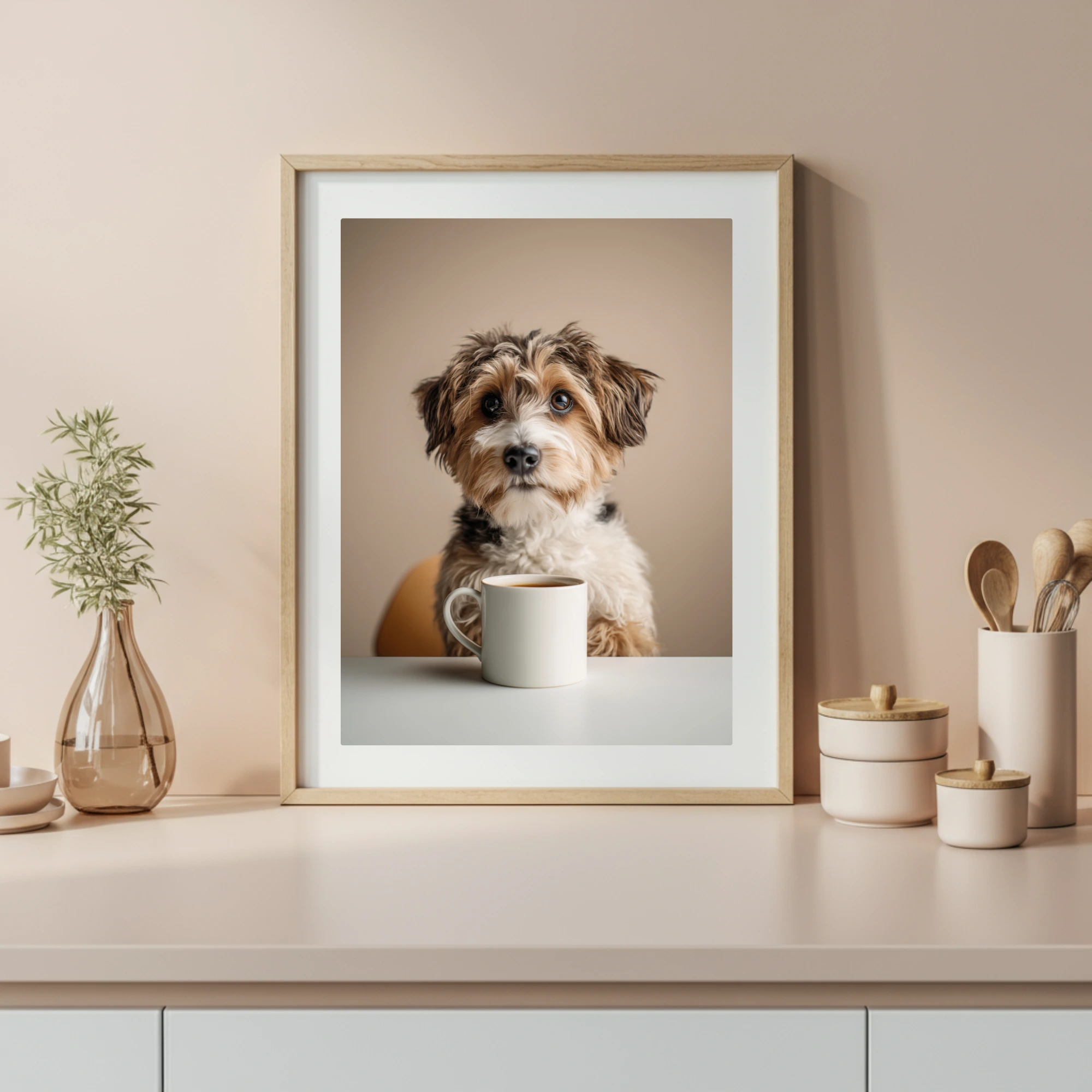dog drinking coffee, funny animal kitchen art