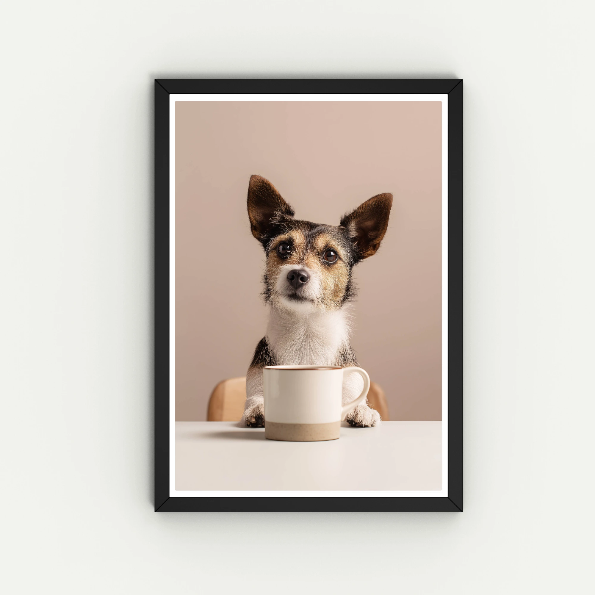 Dog with coffee, animal kitchen art