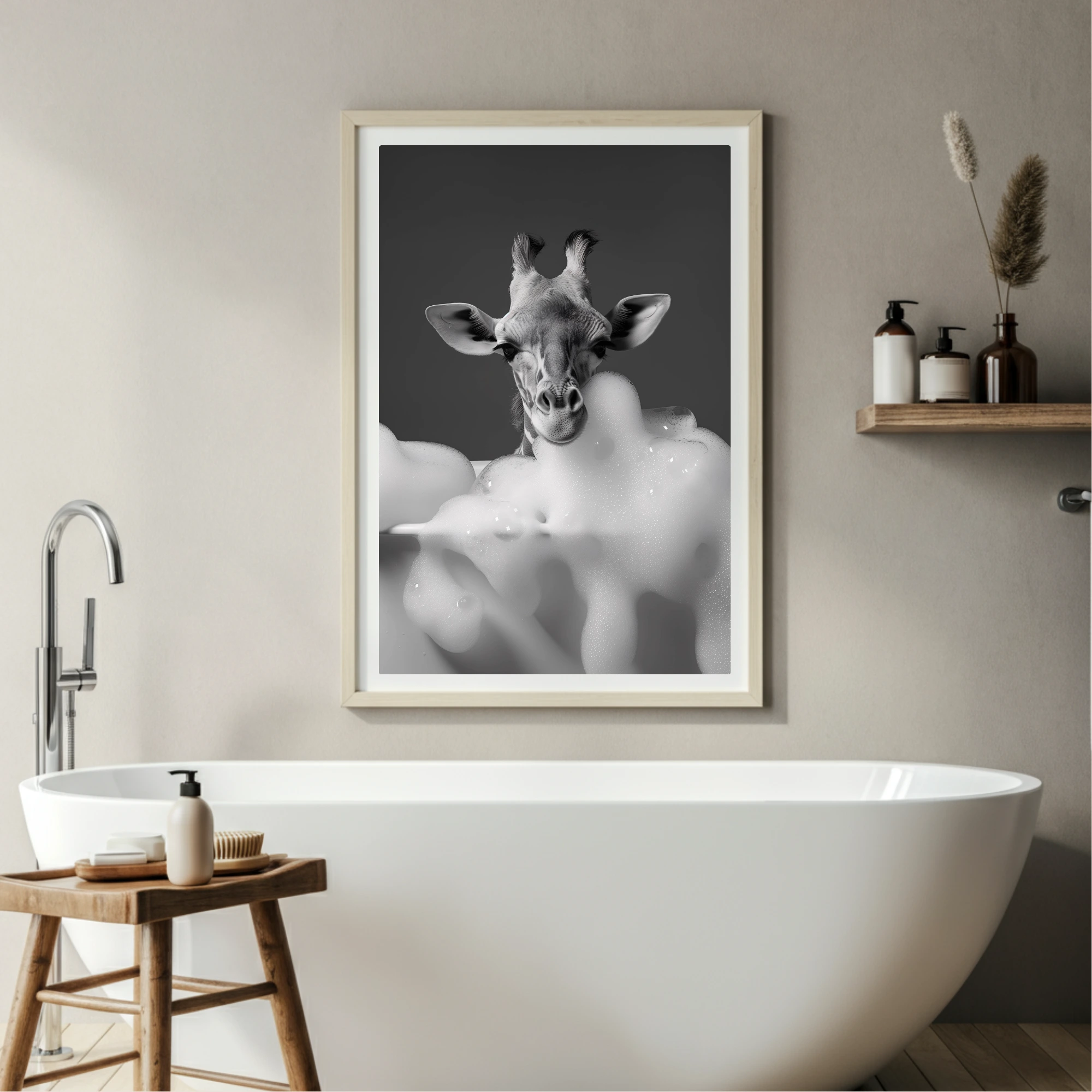 Giraffe in the bathtub, Animal bathroom wall art
