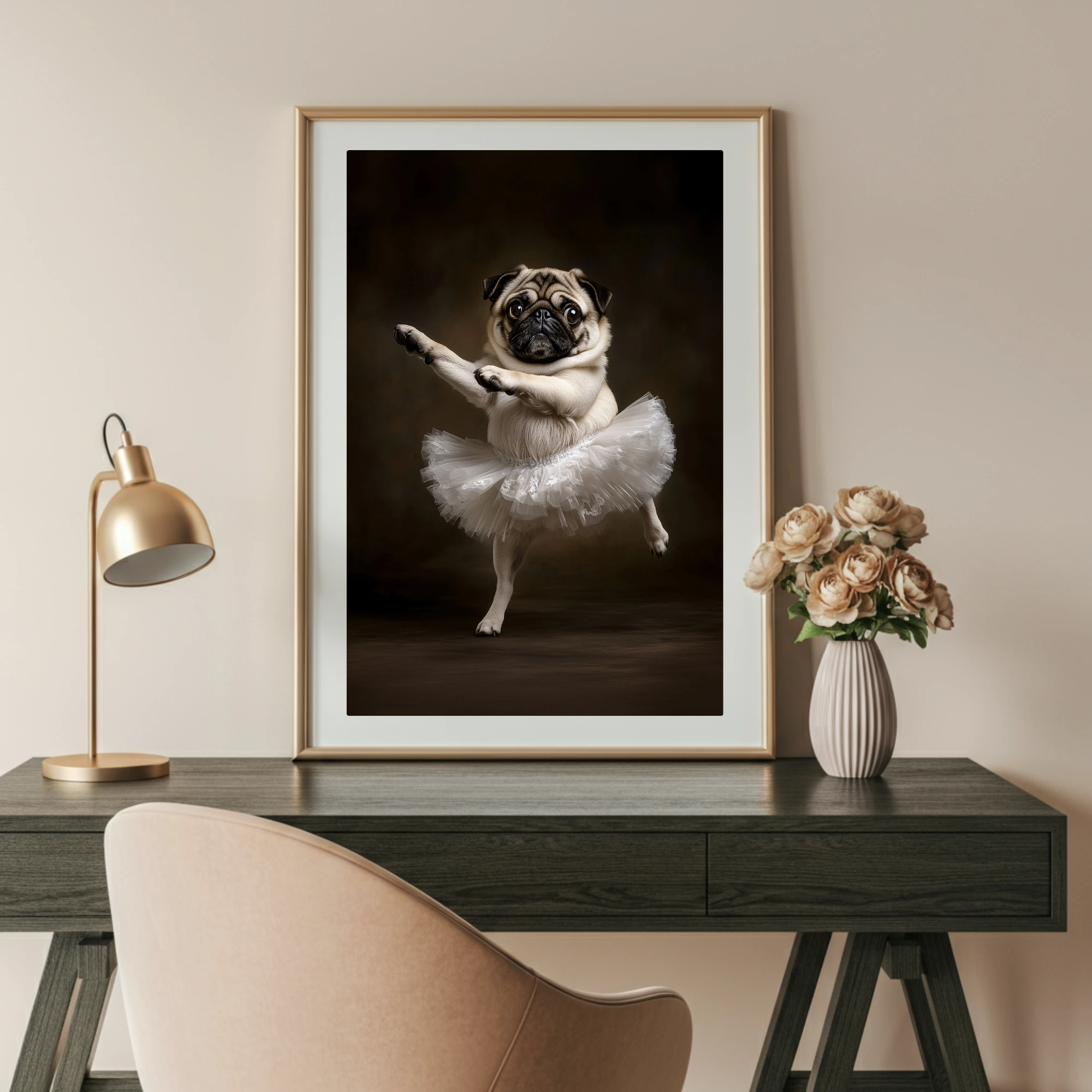Pug Ballet with tutu, funny animal wall art